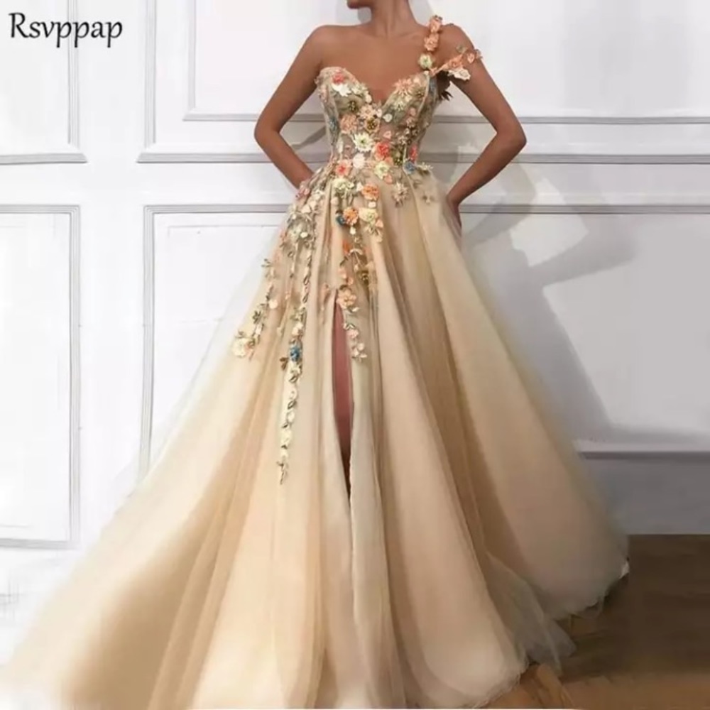 Peach Flowery Prom Dress with a Slit
